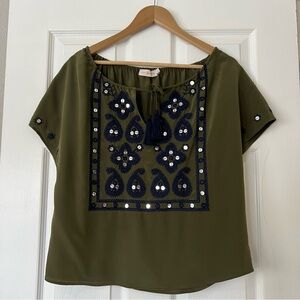 TORY BURCH Camille Dark Green Olive Embroidered Silk Blouse Top Size 2 $325